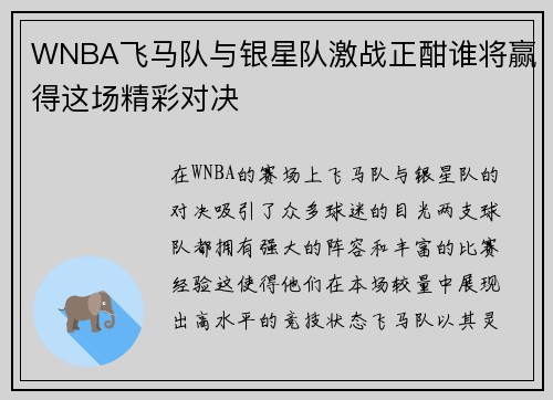 WNBA飞马队与银星队激战正酣谁将赢得这场精彩对决