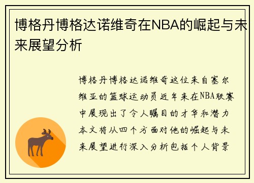 博格丹博格达诺维奇在NBA的崛起与未来展望分析
